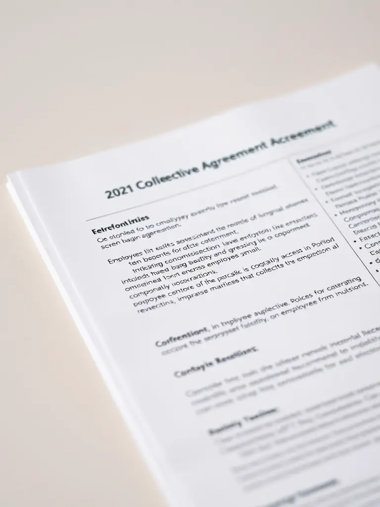 A photograph of the 2021 collective agreement document, highlighting the section on employee benefits and compensation, emphasizing the union's commitment to member welfare.