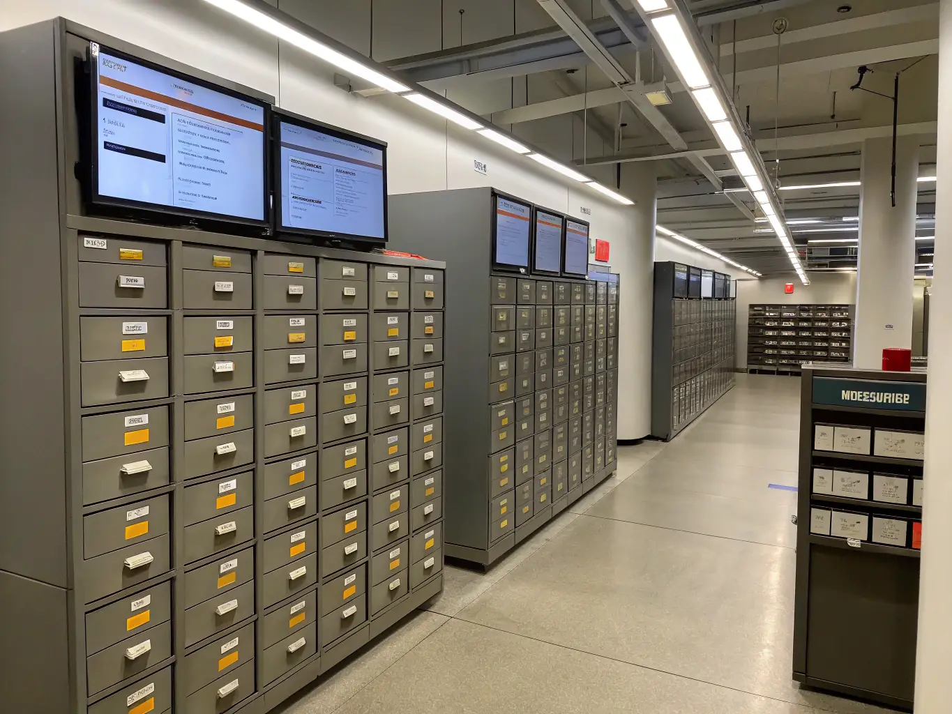 A professional photograph of a neatly organized filing cabinet in an office setting, symbolizing the organized document archive of the Union Fraport-Greece.